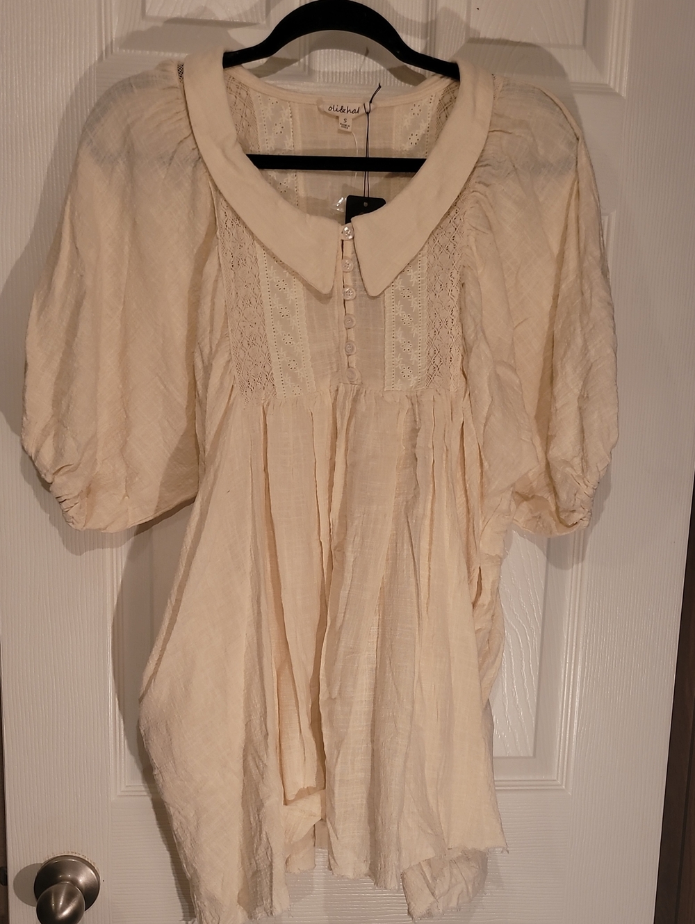 Oli & Hali Washed Collar Button Pleated Babydoll Tunic Top
